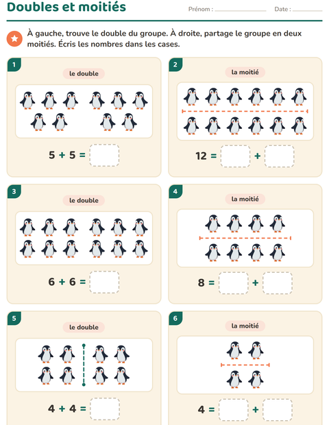 Aperçu de la fiche Doubles et moitiés avec Hiver pour CP (cours préparatoire)
