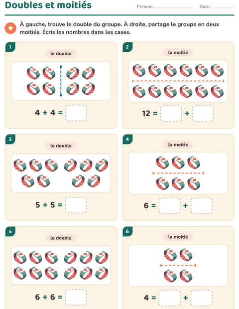 Aperçu de la fiche Doubles et moitiés avec Hôpital pour CP (cours préparatoire)