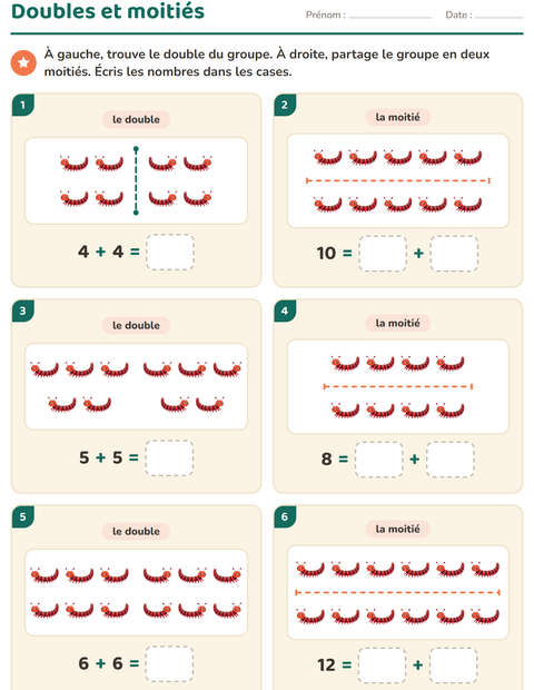 Aperçu de la fiche Doubles et moitiés avec Insectes et bestioles pour CP (cours préparatoire)