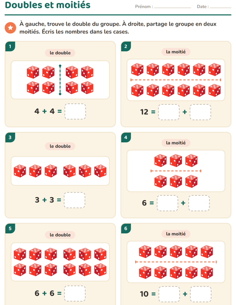 Aperçu de la fiche Doubles et moitiés avec Jouets pour CP (cours préparatoire)