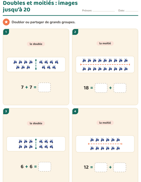 Doubles et moitiés en images jusqu'à 20 : quatre grandes cartes