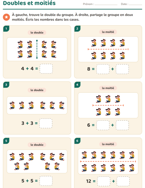 Aperçu de la fiche Doubles et moitiés avec Métiers pour CP (cours préparatoire)