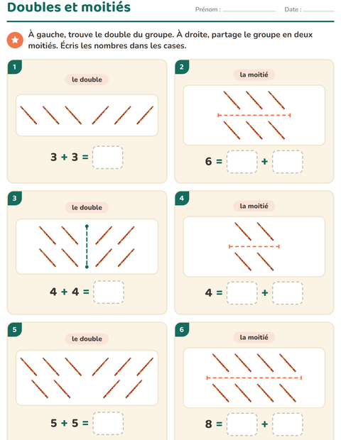Aperçu de la fiche Doubles et moitiés avec Musique pour CP (cours préparatoire)