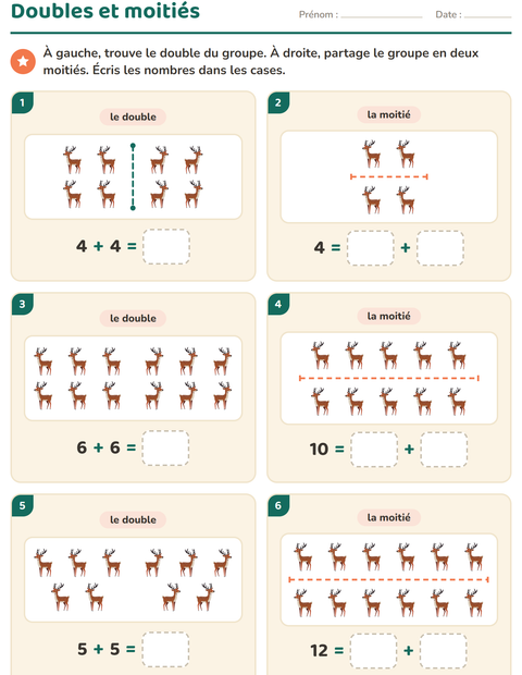 Aperçu de la fiche Doubles et moitiés avec Noël pour CP (cours préparatoire)