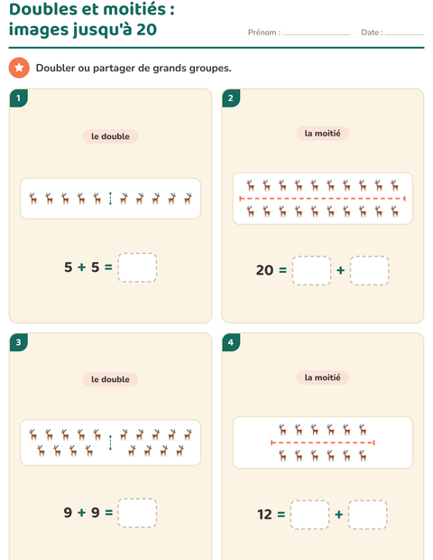 Aperçu de la fiche Doubles et moitiés avec Noël pour CP (cours préparatoire)