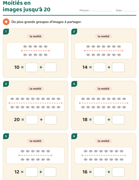 Aperçu de la fiche Doubles et moitiés avec Nourriture NB pour CP (cours préparatoire)