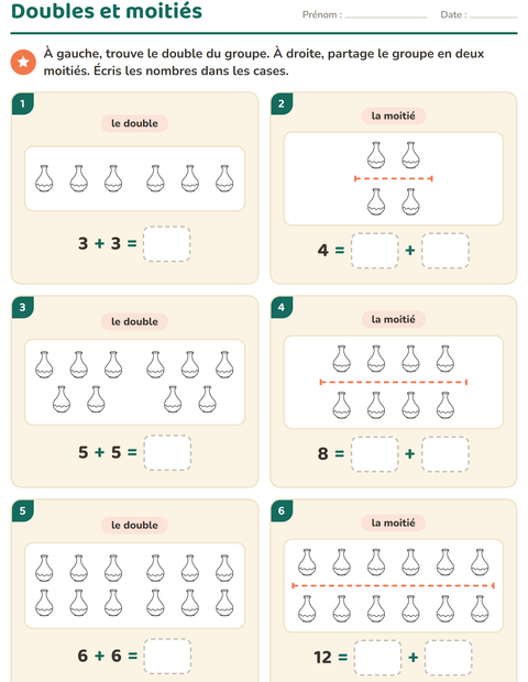 Aperçu de la fiche Doubles et moitiés avec Objets NB pour CP (cours préparatoire)