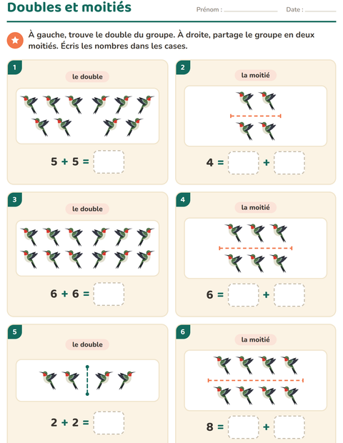 Aperçu de la fiche Doubles et moitiés avec Oiseaux 2 pour CP (cours préparatoire)