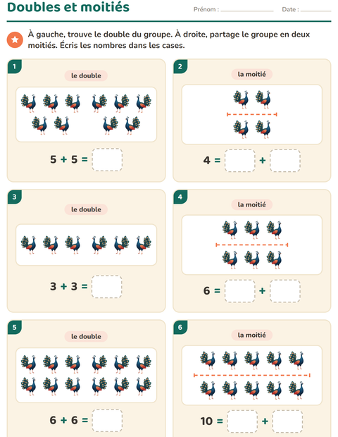 Aperçu de la fiche Doubles et moitiés avec Oiseaux pour CP (cours préparatoire)