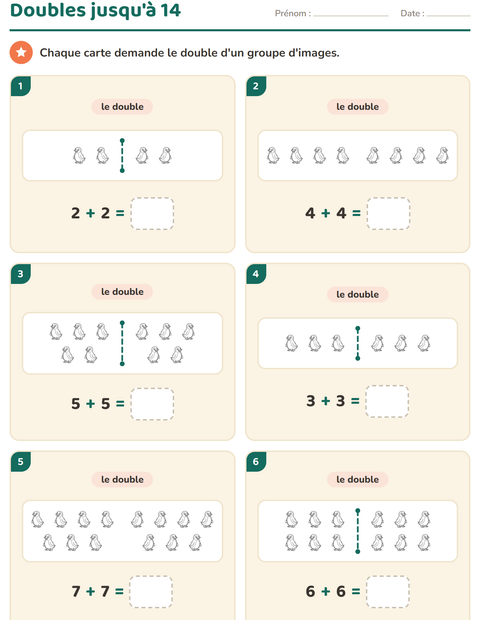 Aperçu de la fiche Doubles et moitiés avec Oiseaux N&B pour CP (cours préparatoire)