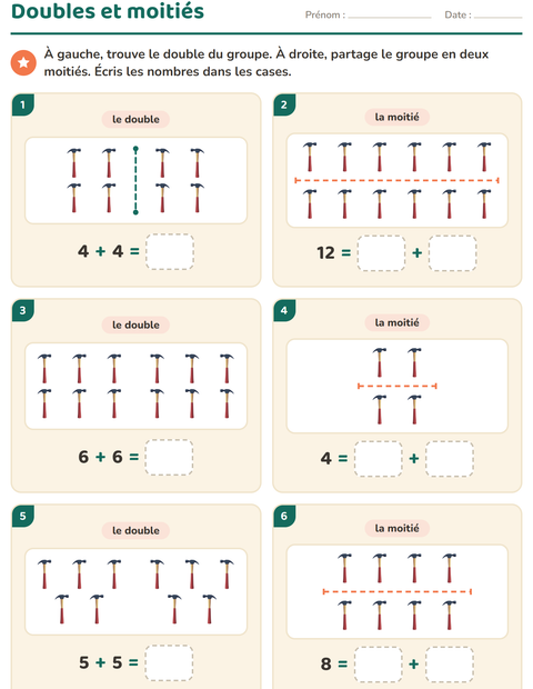 Aperçu de la fiche Doubles et moitiés avec Outils pour CP (cours préparatoire)