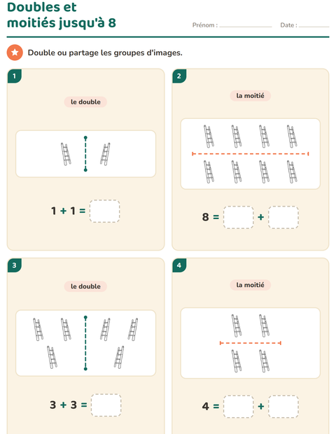 Aperçu de la fiche Doubles et moitiés avec Outils NB pour CP (cours préparatoire)