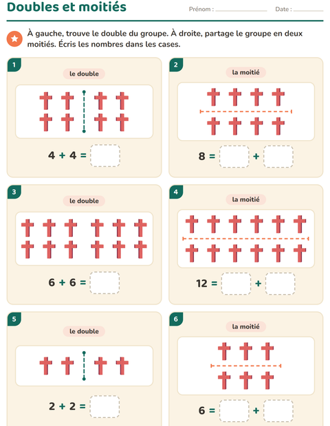 Aperçu de la fiche Doubles et moitiés avec Pâques pour CP (cours préparatoire)