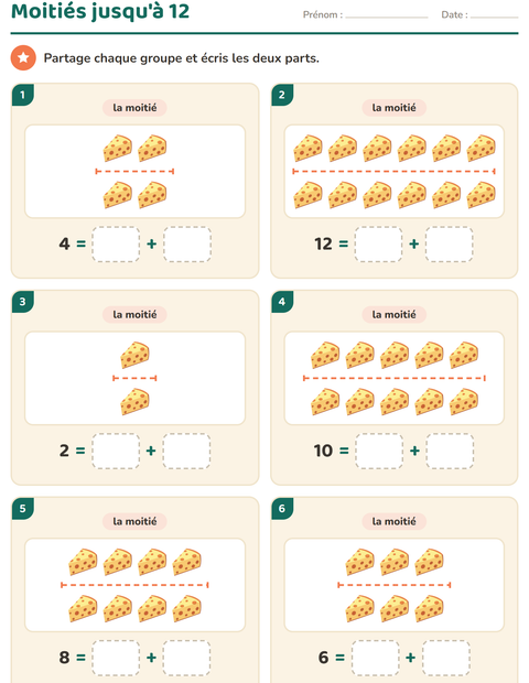 Aperçu de la fiche Doubles et moitiés avec Petit-déjeuner pour CP (cours préparatoire)