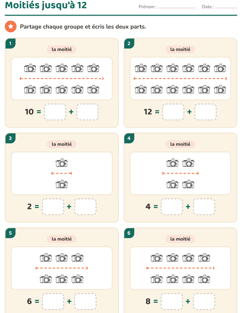 Aperçu de la fiche Doubles et moitiés avec Plage NB pour CP (cours préparatoire)