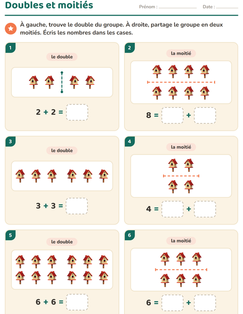 Aperçu de la fiche Doubles et moitiés avec Printemps pour CP (cours préparatoire)