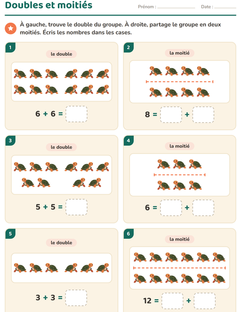 Aperçu de la fiche Doubles et moitiés avec Reptiles et amphibiens pour CP (cours préparatoire)