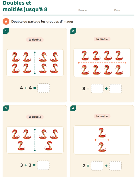 Aperçu de la fiche Doubles et moitiés avec Reptiles et amphibiens pour CP (cours préparatoire)