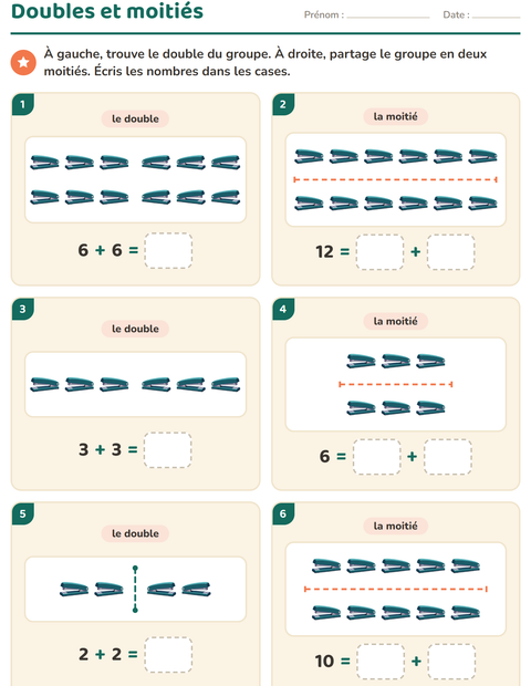 Aperçu de la fiche Doubles et moitiés avec Salle de classe pour CP (cours préparatoire)