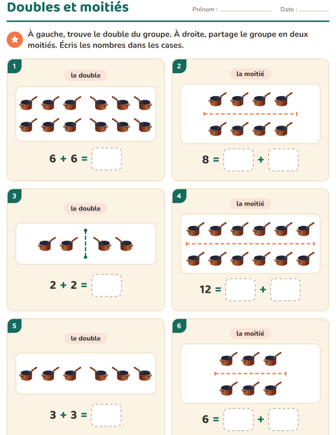Aperçu de la fiche Doubles et moitiés avec Ustensiles de cuisine pour CP (cours préparatoire)