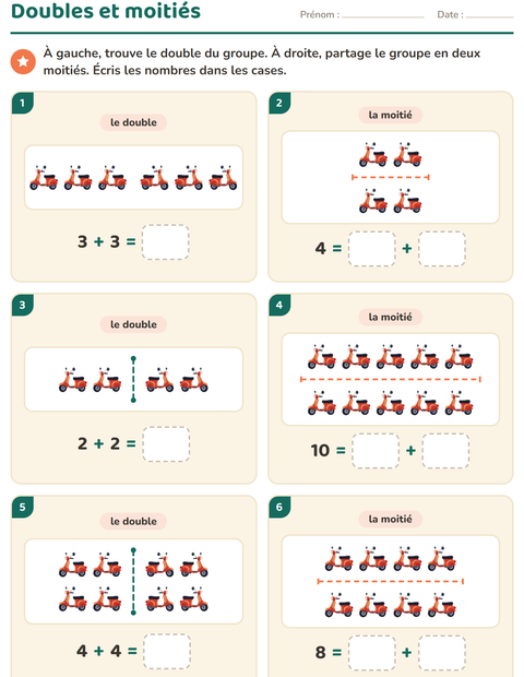 Aperçu de la fiche Doubles et moitiés avec Véhicules pour CP (cours préparatoire)