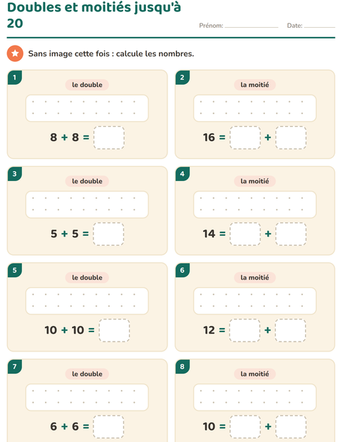 Aperçu : Doubles et moitiés jusqu'à 20 : huit calculs, sans aucune image