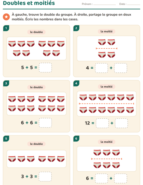 Aperçu de la fiche Doubles et moitiés avec Vêtements pour CP (cours préparatoire)