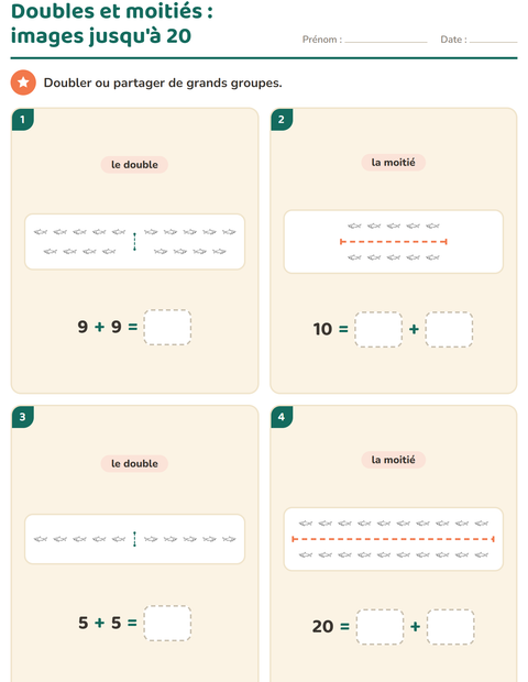 Aperçu de la fiche Doubles et moitiés avec Vie marine NB pour CP (cours préparatoire)