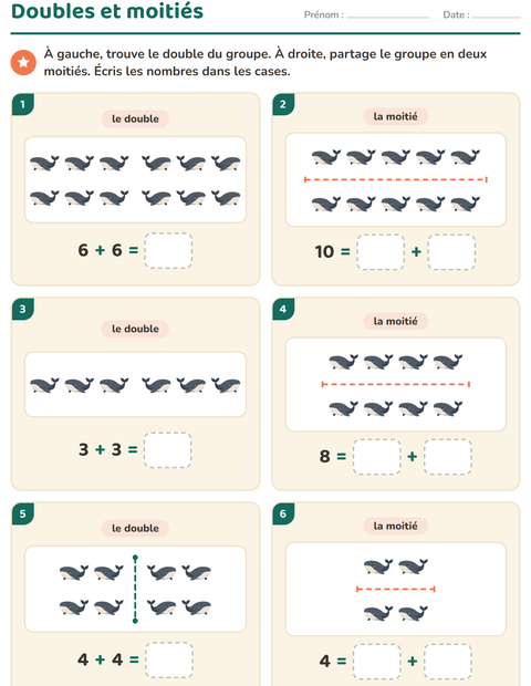 Aperçu de la fiche Doubles et moitiés avec Vie océanique pour CP (cours préparatoire)