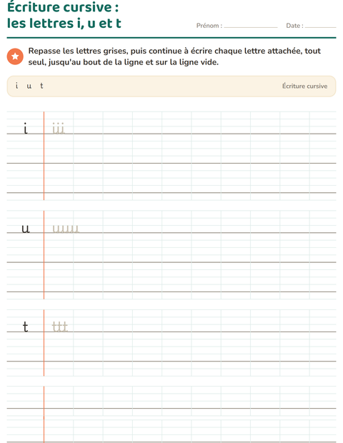 Aperçu de la fiche Écriture cursive pour CE1 (cours élémentaire 1)
