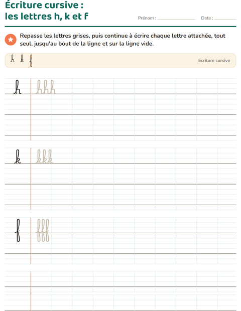 Aperçu de la fiche Écriture cursive pour CE1 (cours élémentaire 1)