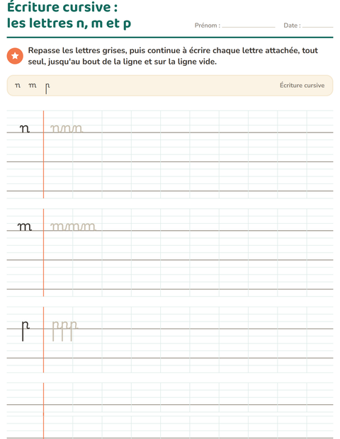 Aperçu de la fiche Écriture cursive pour CE1 (cours élémentaire 1)