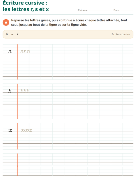 Aperçu de la fiche Écriture cursive pour CE1 (cours élémentaire 1)