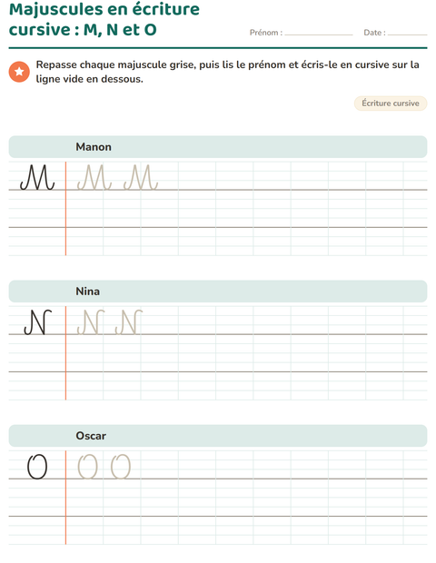 Aperçu de la fiche Écriture cursive pour CE1 (cours élémentaire 1)