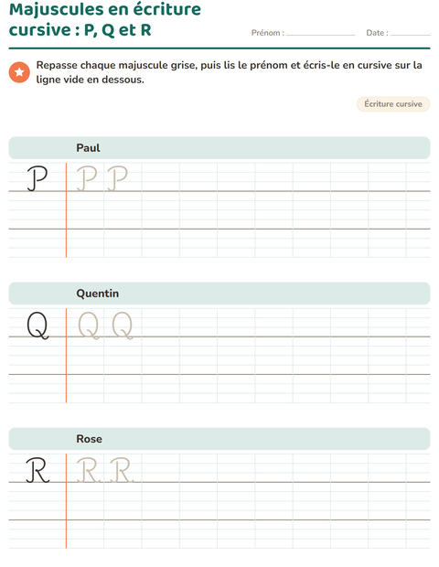 Aperçu de la fiche Écriture cursive pour CE1 (cours élémentaire 1)