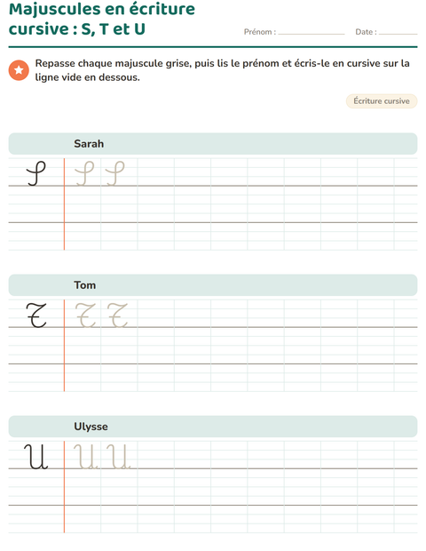 Aperçu de la fiche Écriture cursive pour CE1 (cours élémentaire 1)