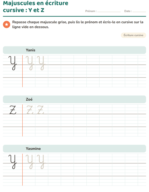 Aperçu de la fiche Écriture cursive pour CE1 (cours élémentaire 1)
