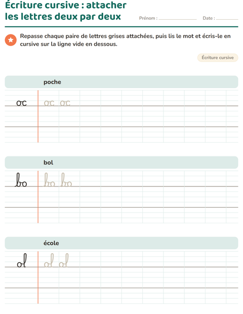 Aperçu de la fiche Écriture cursive pour CE1 (cours élémentaire 1)