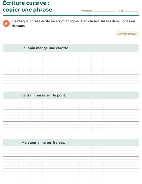 Aperçu de la fiche Écriture cursive pour CE2 (cours élémentaire 2)
