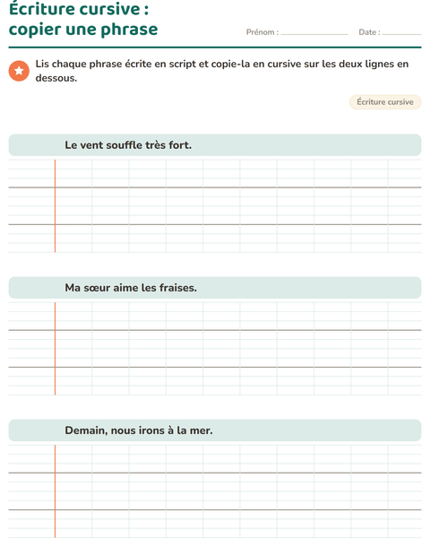 Aperçu de la fiche Écriture cursive pour CE2 (cours élémentaire 2)