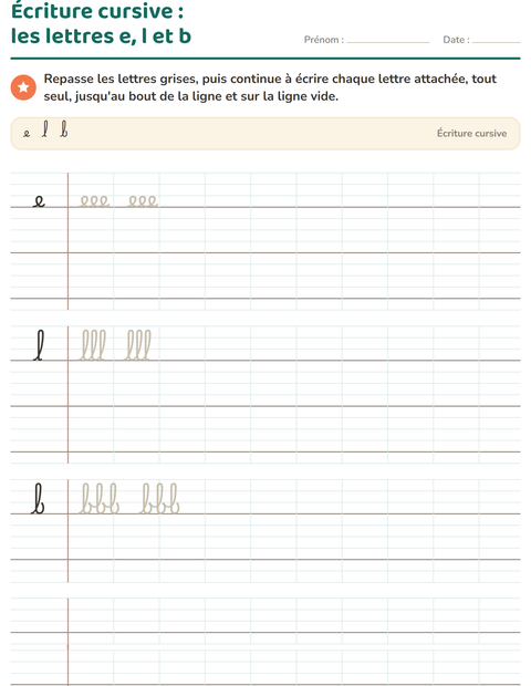 Aperçu de la fiche Écriture cursive pour CE1 (cours élémentaire 1)