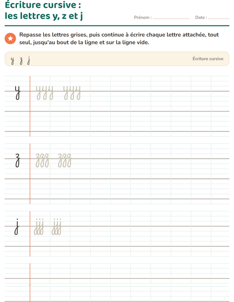 Aperçu de la fiche Écriture cursive pour CE1 (cours élémentaire 1)