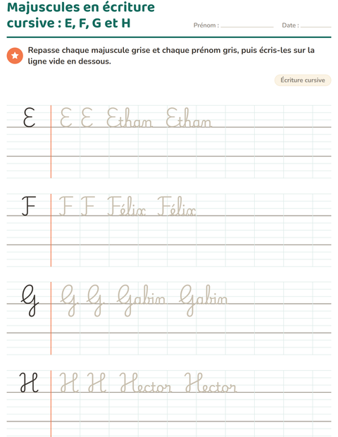 Aperçu de la fiche Écriture cursive pour CE1 (cours élémentaire 1)