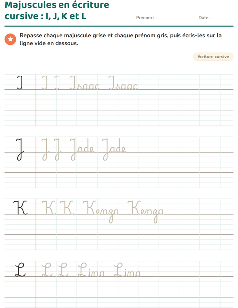 Aperçu de la fiche Écriture cursive pour CE1 (cours élémentaire 1)