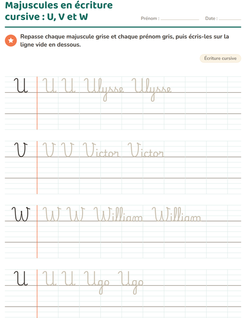 Aperçu de la fiche Écriture cursive pour CE1 (cours élémentaire 1)