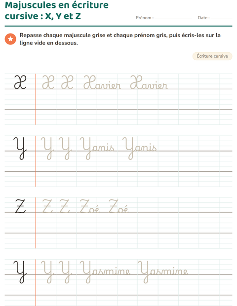 Aperçu de la fiche Écriture cursive pour CE1 (cours élémentaire 1)