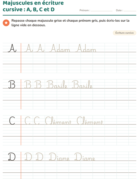Aperçu de la fiche Écriture cursive pour CE1 (cours élémentaire 1)