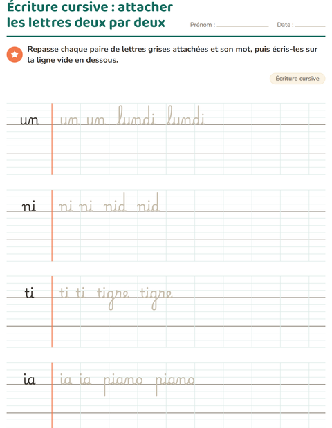 Aperçu de la fiche Écriture cursive pour CE1 (cours élémentaire 1)