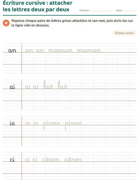 Aperçu de la fiche Écriture cursive pour CE1 (cours élémentaire 1)