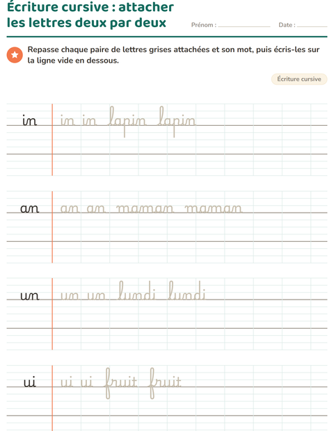 Aperçu de la fiche Écriture cursive pour CE1 (cours élémentaire 1)
